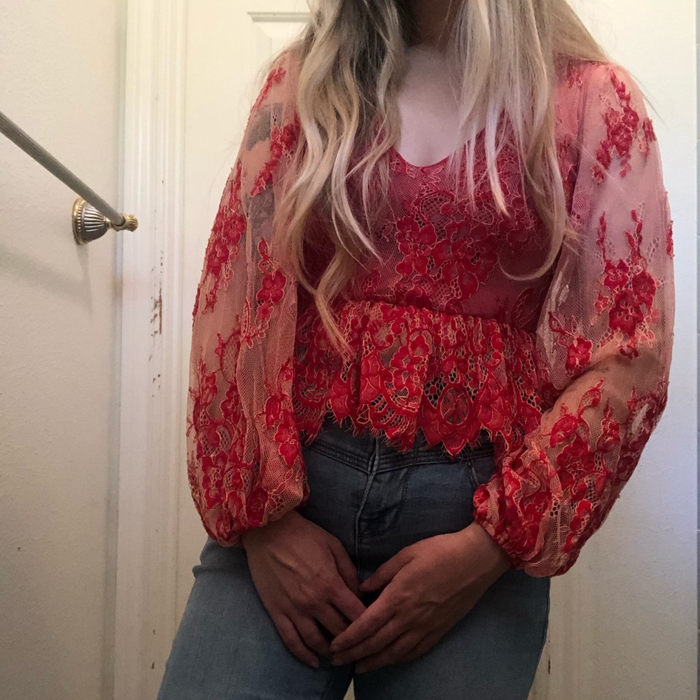 TopShop Red lace blouse with puffy sleeves